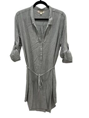 Cloth & Stone Gray Split Neck Belted Shirt Dress Large Roll Tab Sleeves Light